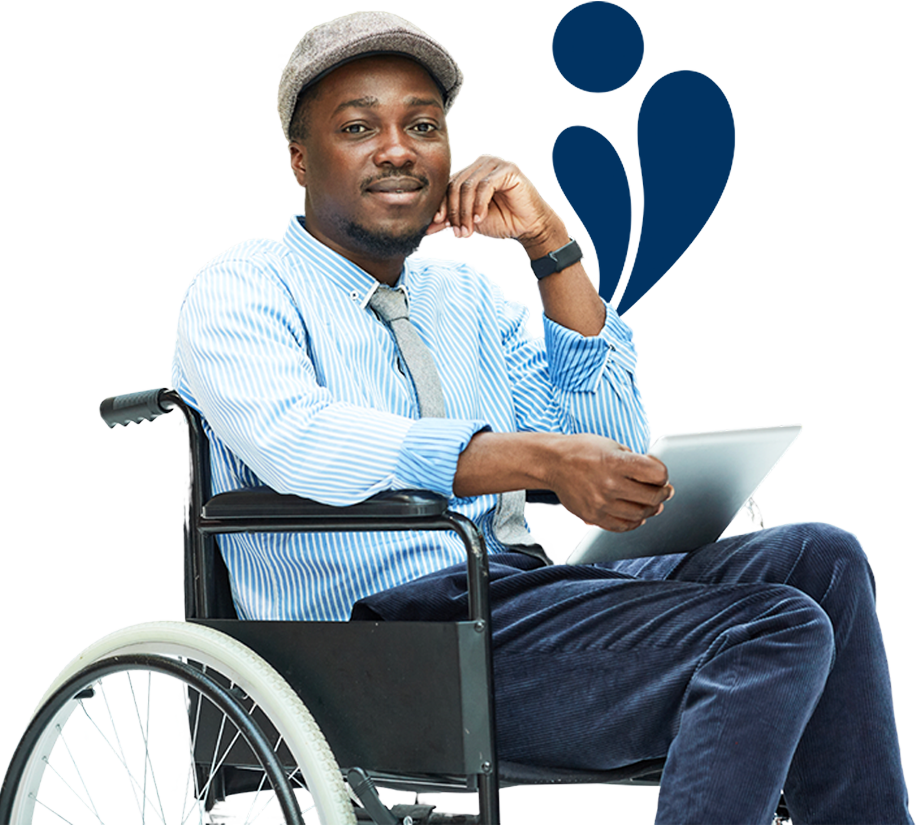 man in wheelchair holding ipad