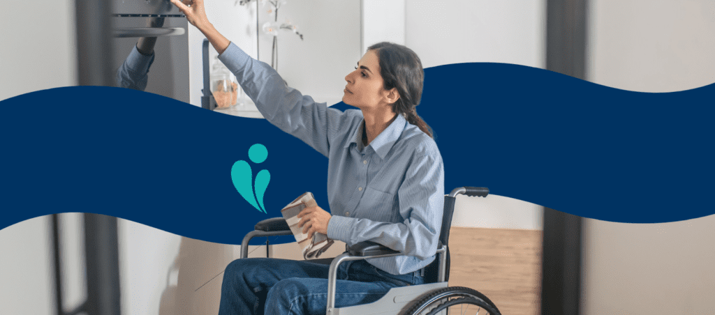 Women in a wheelchair reaching to open a high cupboard
