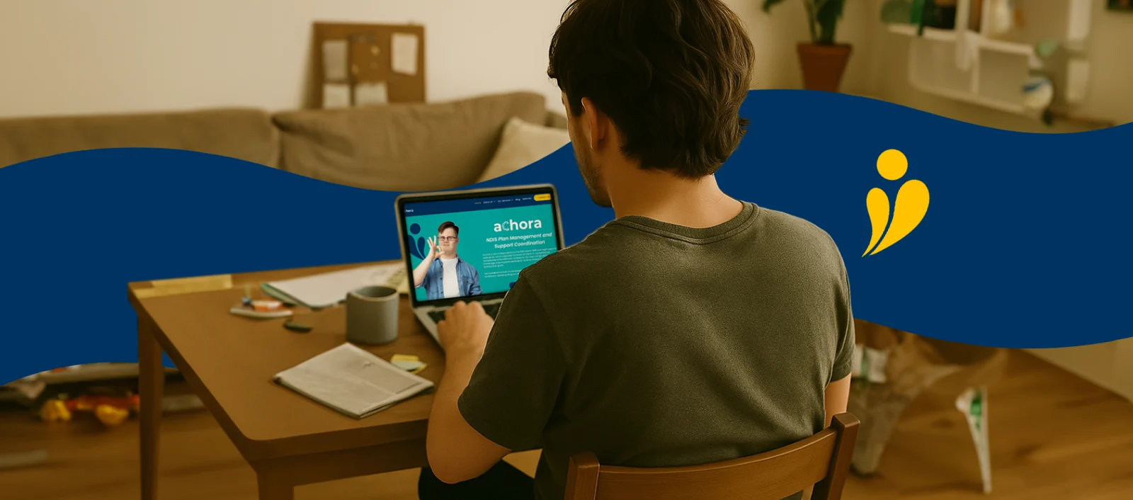 Man searching the Achora website on his laptop at home