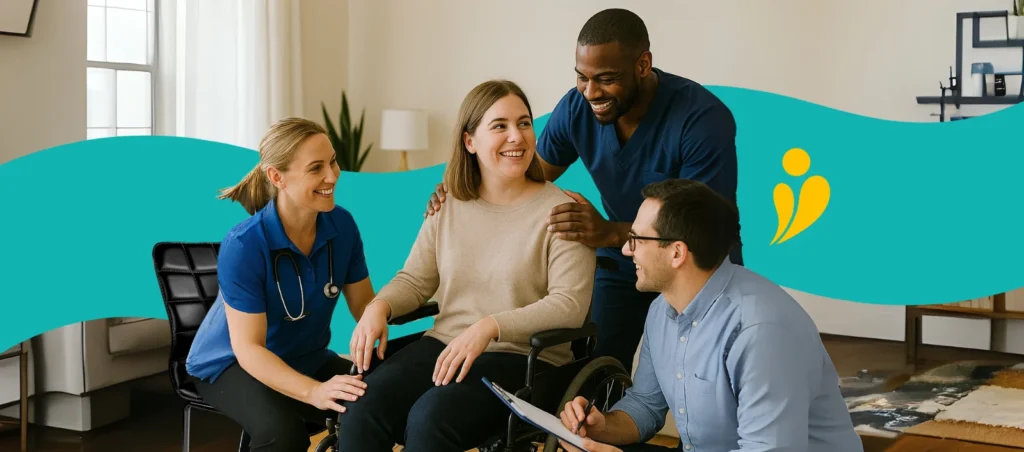 Female NDIS participant in wheelchair being supported by her integrated allied health team